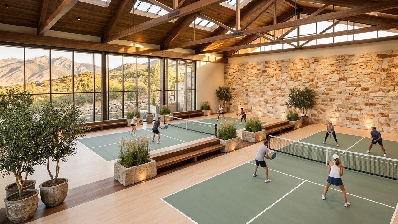 Indoor pickleball courts at Three Bridges